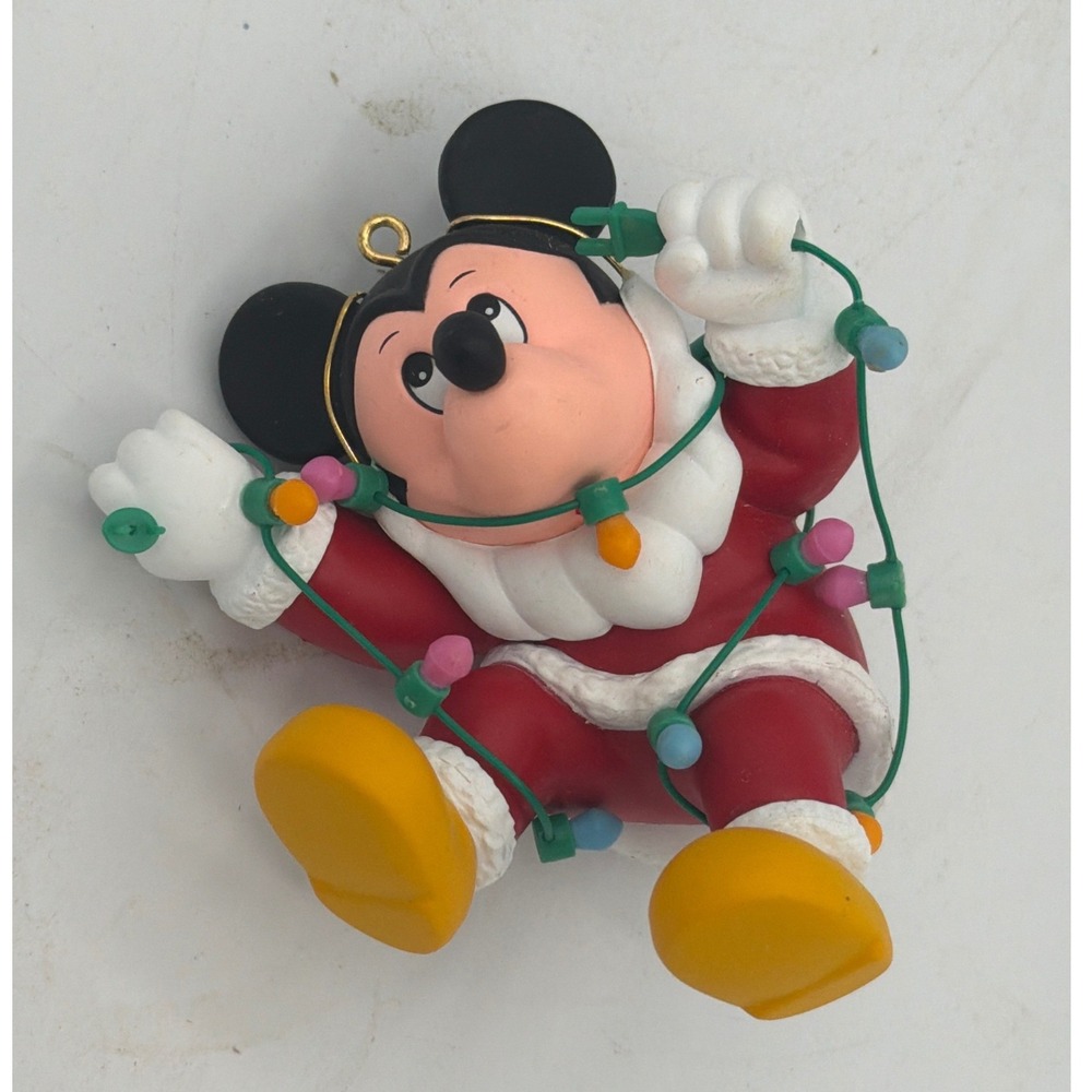 Disney Mickey Mouse Santa Claus Tangled in Christmas Lights Vintage Ornament
